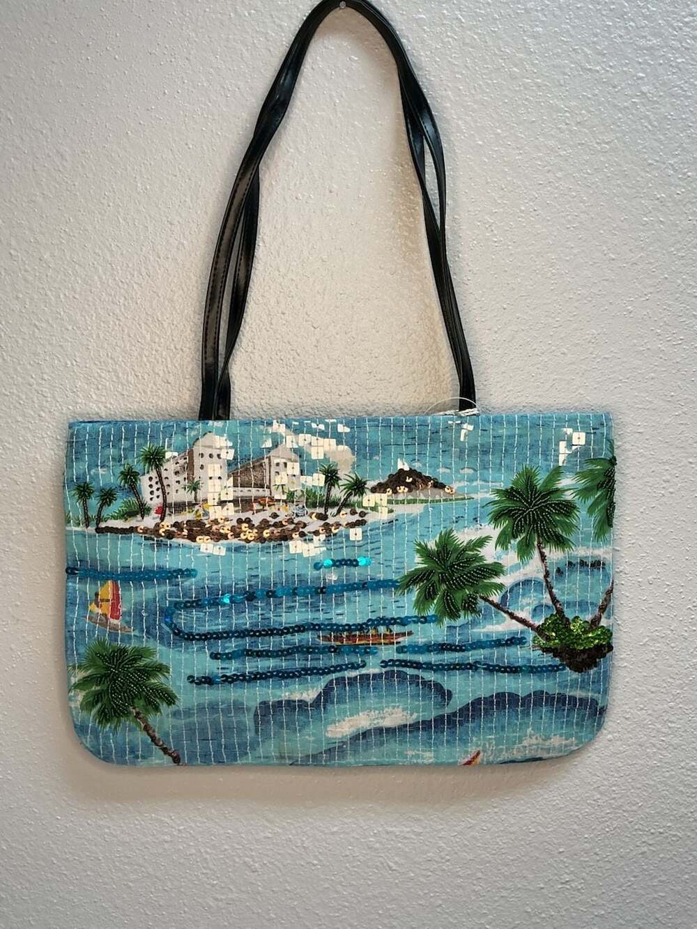 Prezzo Beaded Sequin Tropical Beach Scene Tote Bag